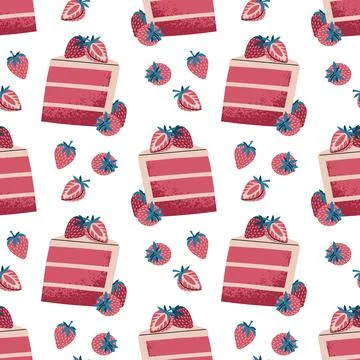 Seamless Pattern With Slice Of Strawberry Cake In Flat Style. Valentine's Day Stock Illustration