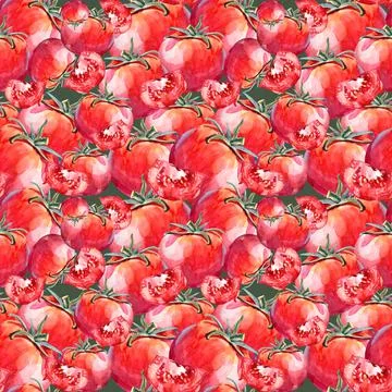 Seamless pattern slice tomato on green background. Watercolor red hand-drawn Stock Illustration