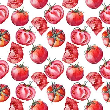 Seamless pattern slice tomato on white background. Watercolor red hand-drawn Stock Illustration