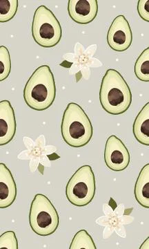 Seamless pattern sliced avocado with flower on gray background, Vector illust イラスト素材