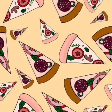 Seamless pattern of sliced pizza on a beautiful background. Vector hand-drawn Stock Illustration