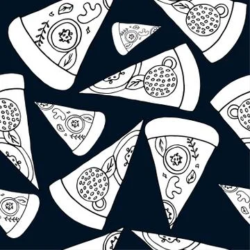 Seamless pattern of sliced pizza on a beautiful background. Vector hand-drawn Stock Illustration