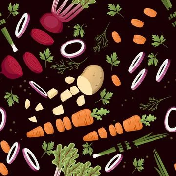 Seamless pattern sliced vegetables with beet potato and carrot colored food Stock Illustration