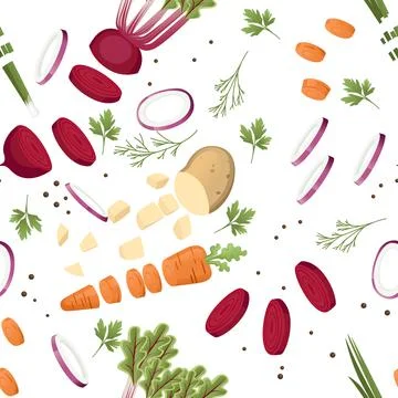 Seamless pattern sliced vegetables with beet potato and carrot colored food i Stock Illustration