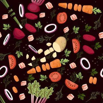 Seamless pattern sliced vegetables with beet potato and carrot colored food i Stock Illustration