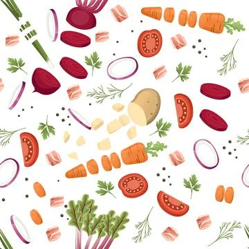 Seamless pattern sliced vegetables with beet potato and carrot colored food i Stock Illustration