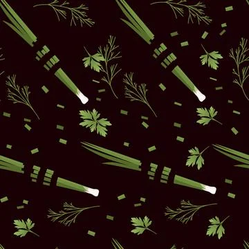Seamless pattern sliced vegetables with green onion and herbs colored food icons Stock Illustration