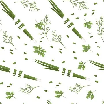 Seamless pattern sliced vegetables with green onion and herbs colored food ic Illustrazione stock