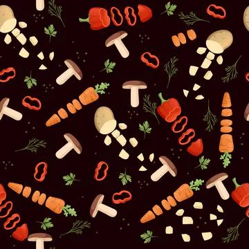 Seamless pattern sliced vegetables with mushroom potato and carrot colored food Stock Illustration