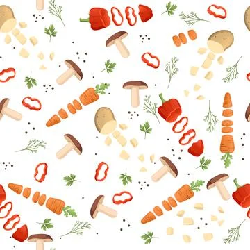Seamless pattern sliced vegetables with mushroom potato and carrot colored fo Stock Illustration
