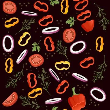 Seamless pattern sliced vegetables with pepper tomato and herbs colored food  Stock Illustration
