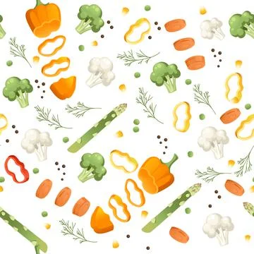 Seamless pattern sliced vegetables with pepper asparagus and herbs colored fo Stock Illustration