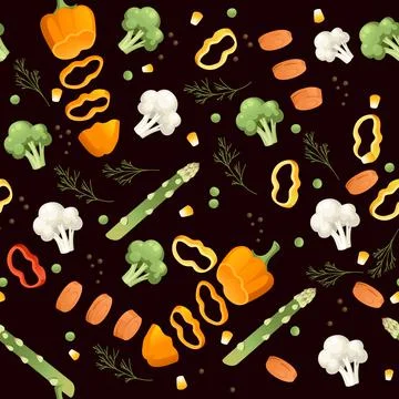 Seamless pattern sliced vegetables with pepper asparagus and herbs colored fo Stock Illustration