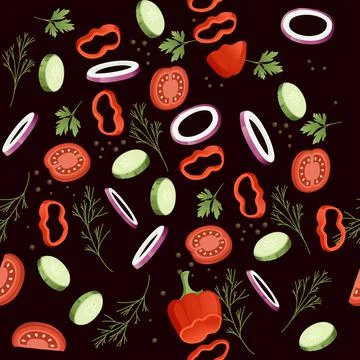 Seamless pattern sliced vegetables with tomato cucumber and herbs colored food Stock Illustration