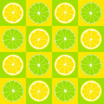 Seamless pattern. Slices of lemon and lime on background of yellow and green  Stock Illustration