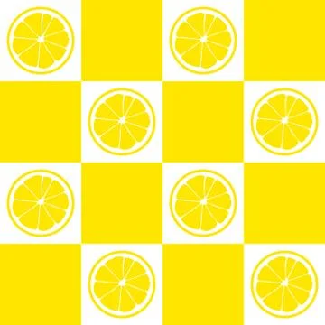 Seamless pattern. Slices of lemon on background of yellow and white squares. Stock Illustration