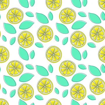 Seamless pattern with slices of lemon. Hand-drawn juicy fruit and leaves Stock Illustration