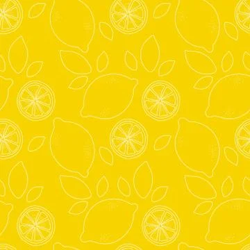 Seamless pattern with slices of lemon. Hand-drawn juicy fruit and leaves Stock Illustration