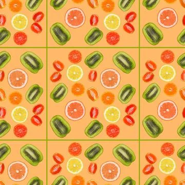 Seamless pattern with slices of orange, lemon, kiwi, grapefruit on an orange Stock Photos