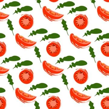 Seamless pattern with slices of tomato and arugula on a white background Stock Illustration
