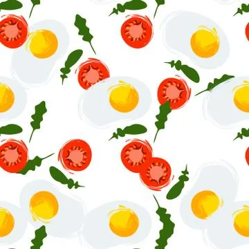 Seamless pattern with slices of tomato eggs and arugula on a white background Stock Illustration