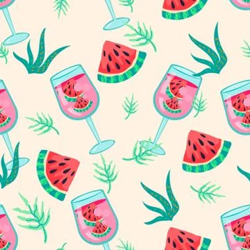 Seamless pattern with slices of watermelon and fruit cocktail. flat vector. Stock Illustration
