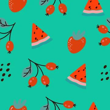 Seamless pattern with slices of watermelon, strawberries and wild berries. Ca Stock Illustration