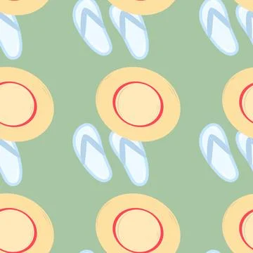 Seamless pattern with slippers and beach hat Cartoon summer elements, travel Stock Illustration