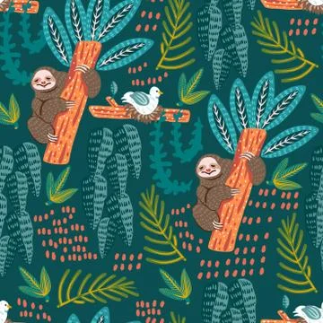 Seamless pattern with sloth. Forest pattern vector background Stock Illustration