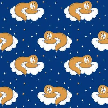 Seamless pattern with sloth sleeping on a cloud. Vector. Stock Illustration