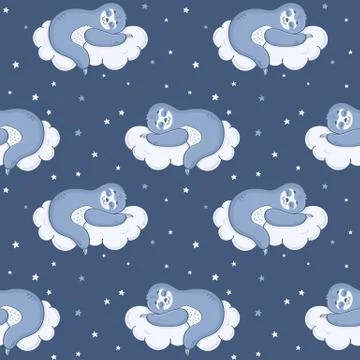 Seamless pattern with sloth sleeping on a cloud. Vector. 스톡 일러스트
