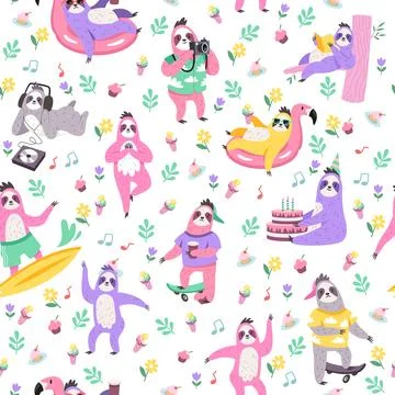 Seamless pattern with sloths. Cute lazy animals. Funny sloth. Childish decor 스톡 일러스트