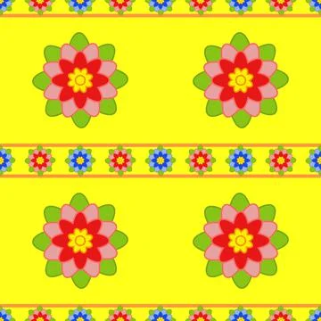 Seamless pattern of small and large red flowers with green leaves on a yellow Illustrazione stock