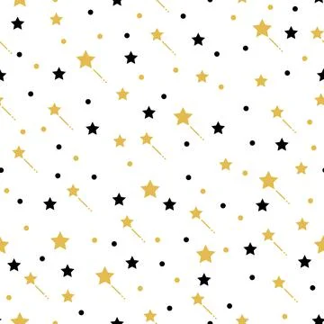 Seamless pattern of small black and gold stars and circles Stock Illustration