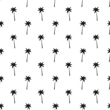 Seamless pattern of small black palm trees on a white background. Vector. Stock Illustration