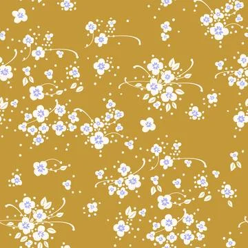 Seamless pattern with small, blooming flowers on a beige background. Stock Illustration