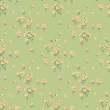 Seamless pattern with small blooming flowers on a soft green background. Stock Illustration