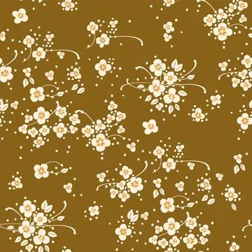 Seamless pattern with small blooming white flowers on a beige background. Stock Illustration