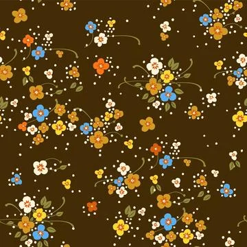 Seamless pattern with small blooming white, yellow, orange, blue flowers on.. Stock Illustration