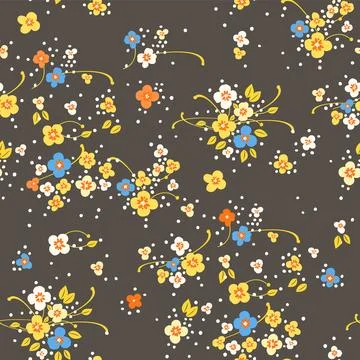 Seamless pattern with small blooming white, yellow, orange, blue flowers on.. Stock Illustration