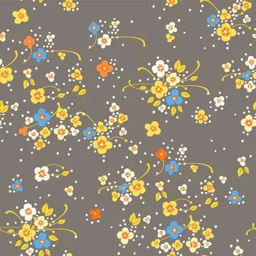 Seamless pattern with small blooming white, yellow, orange, blue flowers on a Stock Illustration