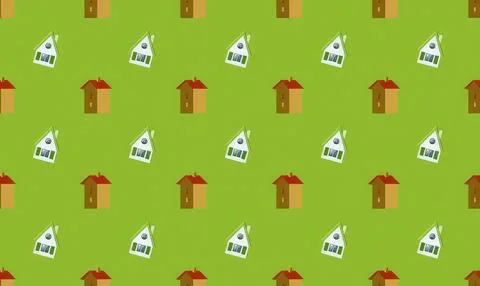 Seamless pattern of small brown houses with red roofs on green background Stock Illustration