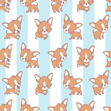 Seamless pattern with small chihuahua dog on white and blue striped backgro.. Stock Illustration