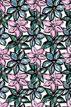 Seamless pattern. Small daisy flowers in pink and green. Stylized textured Stock Illustration