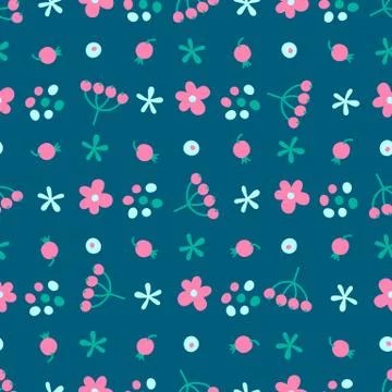 Seamless pattern with small flowers and berries Stock Illustration