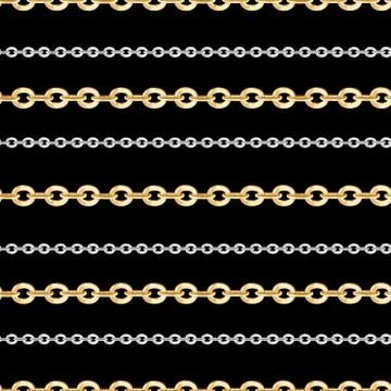 Seamless pattern of small golden and silver chains on black background. Stock Illustration