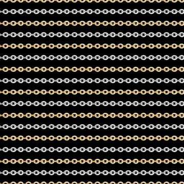 Seamless pattern of small golden and silver chains on black background. Stock-Illustration