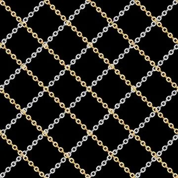 Seamless pattern of small golden and silver chains on black background. Stock Illustration