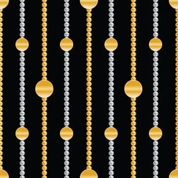 Seamless pattern of small golden and silver chains on black background. Stock Illustration