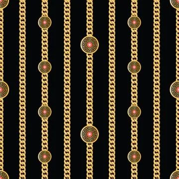 Seamless pattern of small golden chains on black background. Stock-Illustration